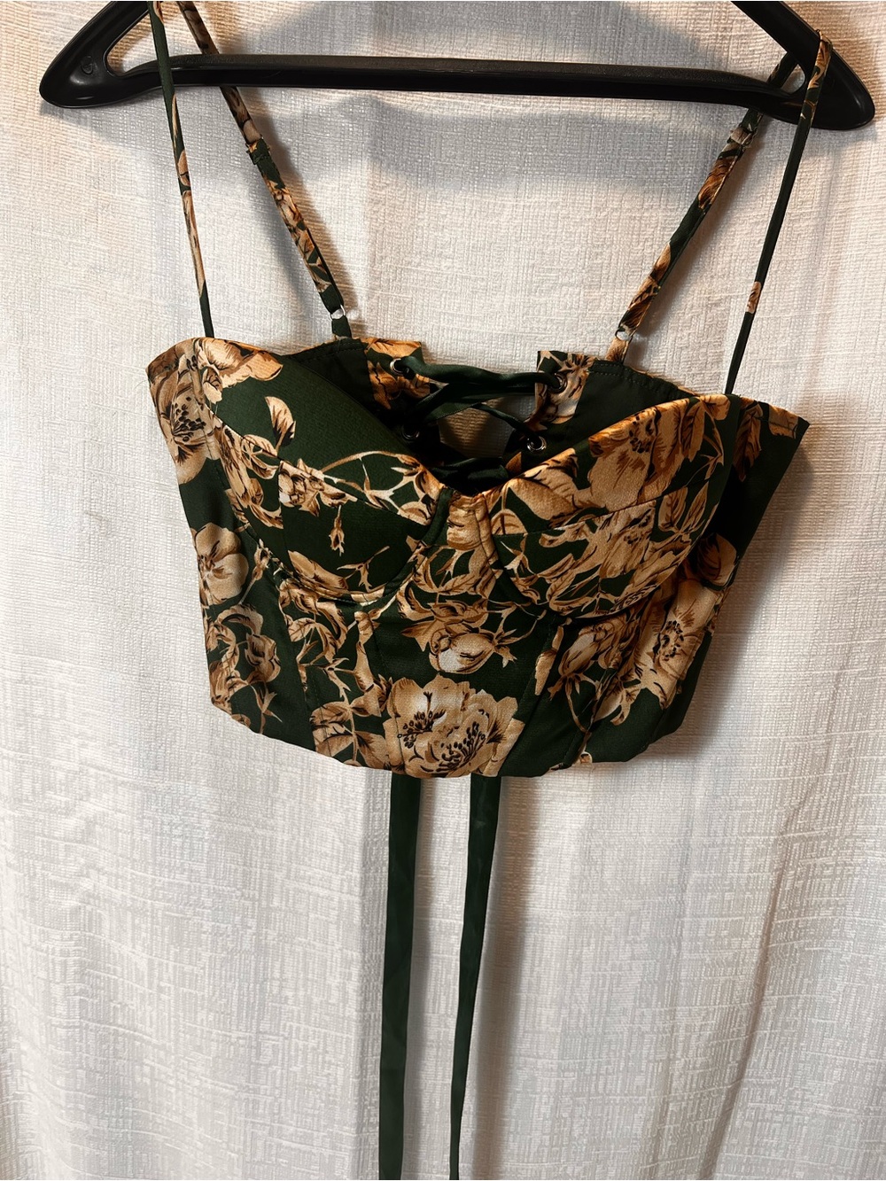 Green Floral Lace-Up Satin Crop Top Size Small